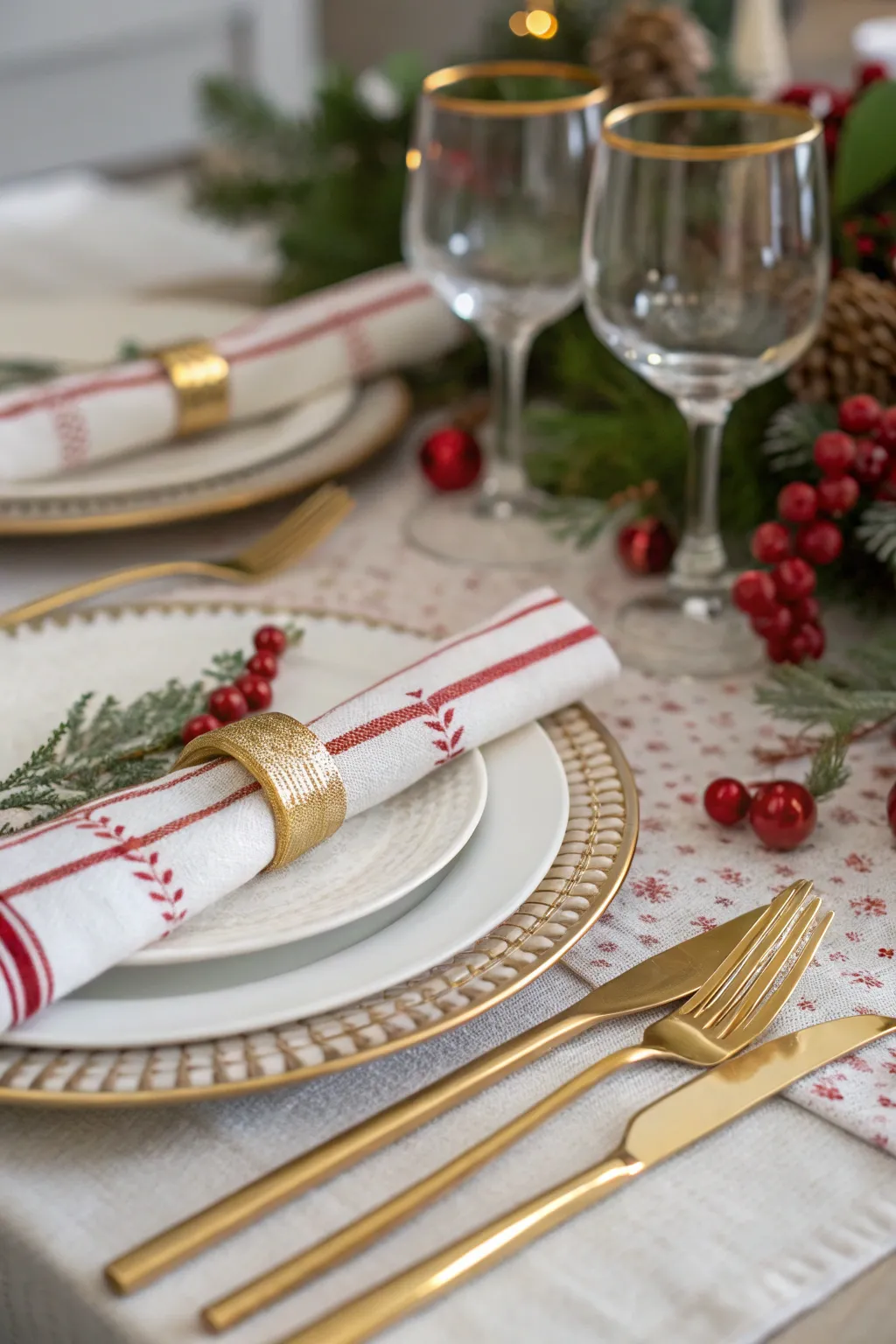 Festive red and white Christmas table featuring gold flatware and elegant napkin rings