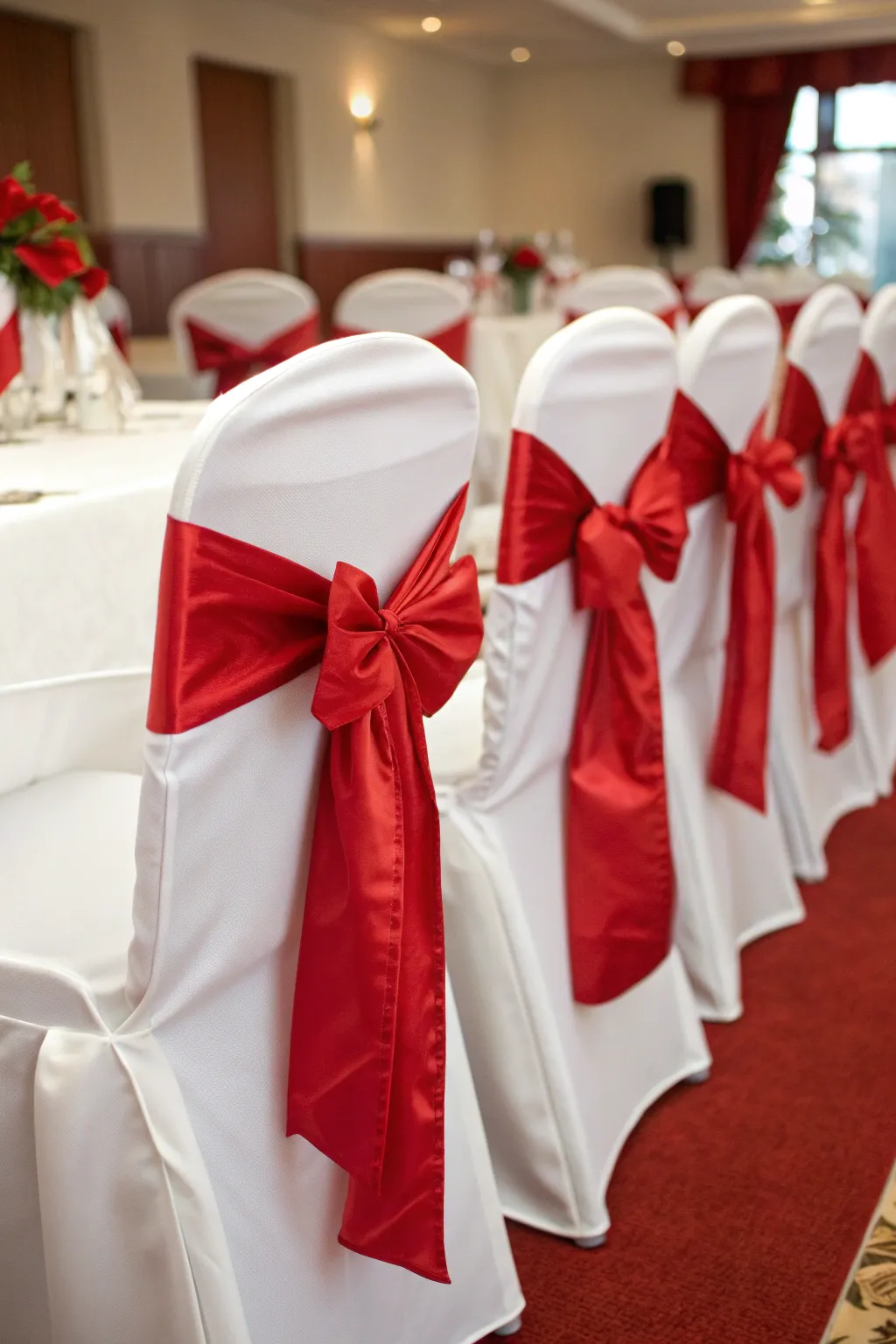 White dining chairs tied with large red satin bows arranged neatly in a festive setting