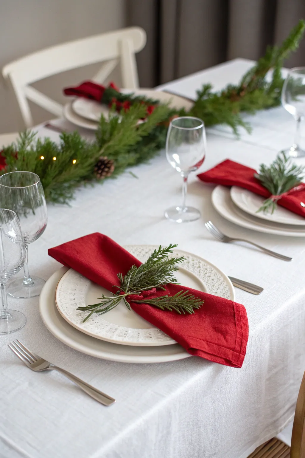 Minimalist Christmas table with white cloth, red napkins, and greenery sprigs for a simple festive style
