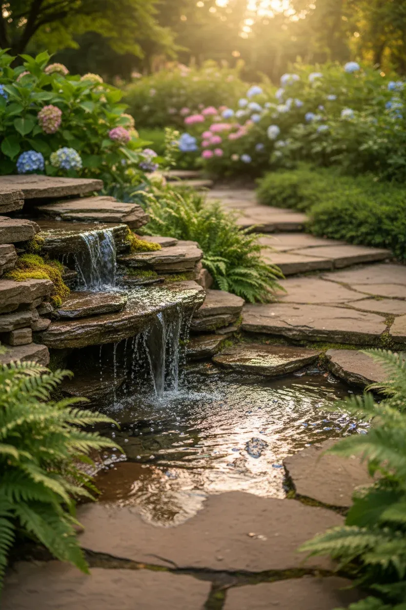 A narrow garden path lined with rocks featuring a small ledge waterfall surrounded by plants.