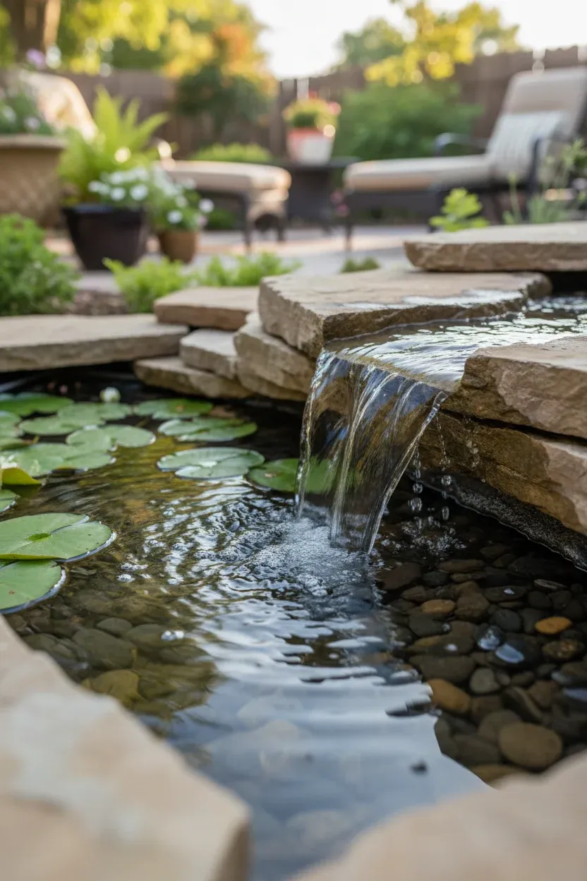 Mini pond waterfall with lily pads floating on clear water surrounded by garden stones.