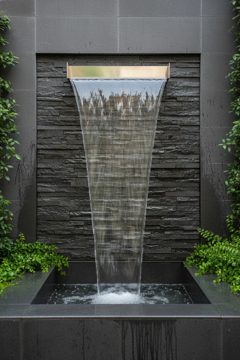 Modern wall-mounted waterfall flowing over a slate stone panel in an urban garden.