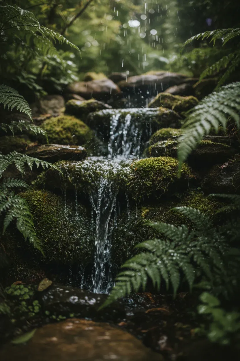 Small shaded garden waterfall surrounded by moss-covered stones and ferns.