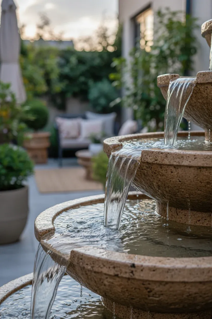 Small stacked stone basins gently overflowing to form a tiered patio waterfall.
