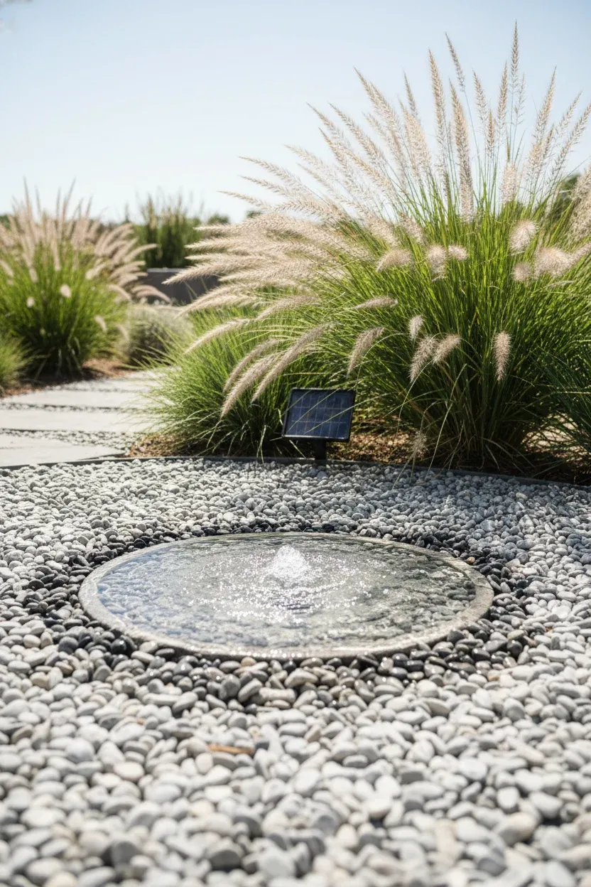 Solar-powered pondless water feature with bubbling water over gravel in a sunny garden.
