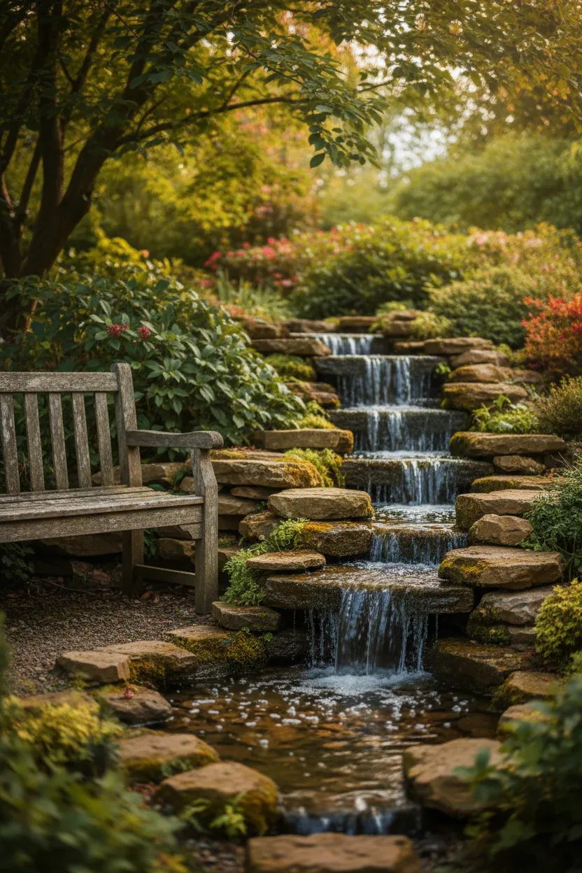 Small cascading waterfall next to a wooden bench in a peaceful garden.