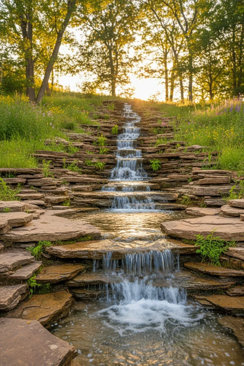 Small hillside waterfall with natural rock steps surrounded by garden greenery.