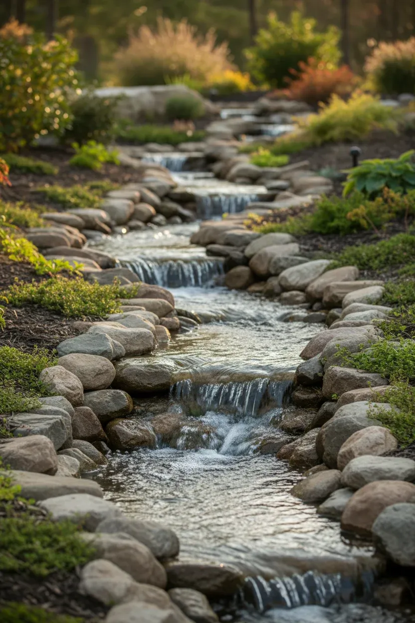 Stream-style backyard waterfall flowing over smooth river stones with plants along edges.
