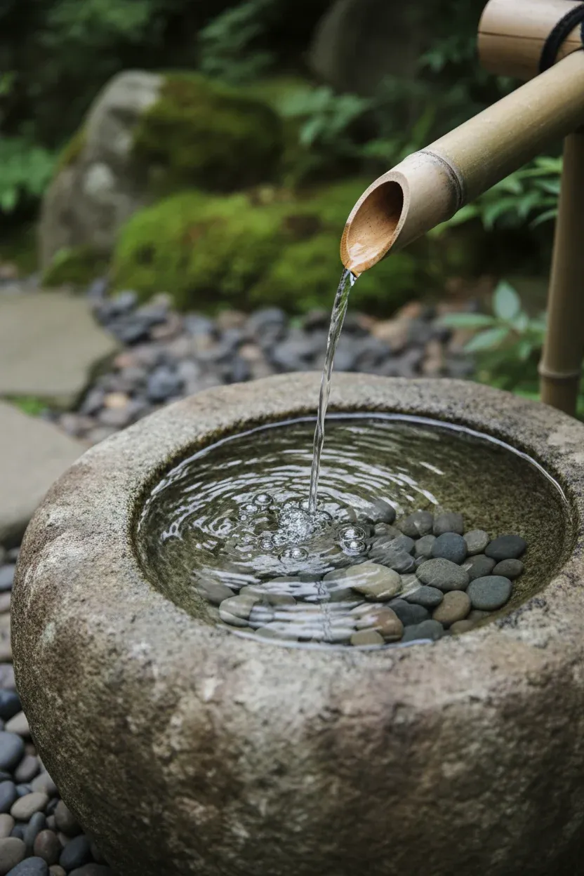 Minimalist bamboo spout pouring water into a stone basin surrounded by pebbles.