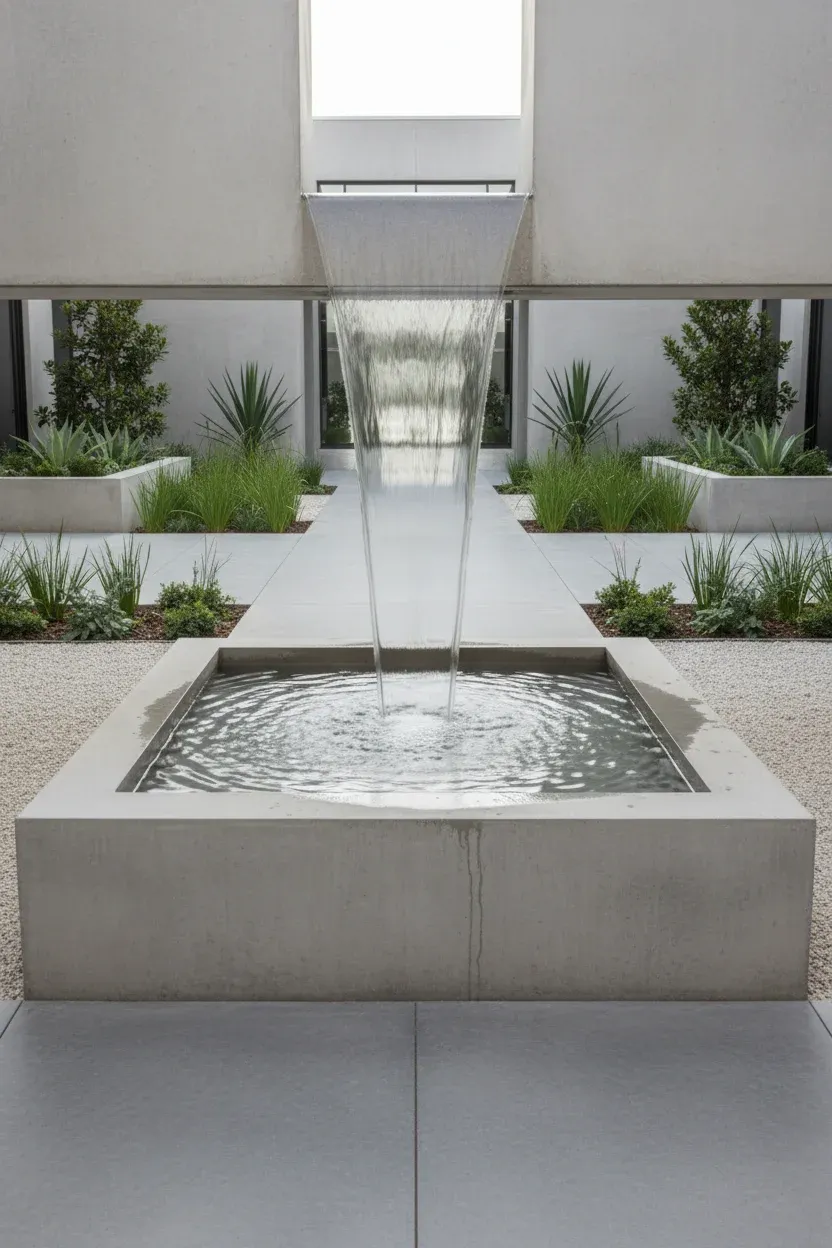 Modern concrete waterfall with a clean-lined basin and geometric water sheet in a minimalist courtyard.