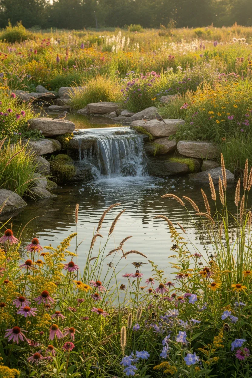 Small pond waterfall surrounded by wildflowers and native plants in a natural garden.