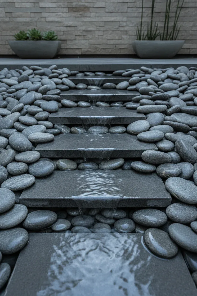 Hidden basin waterfall where water flows beneath polished stones in a small courtyard.