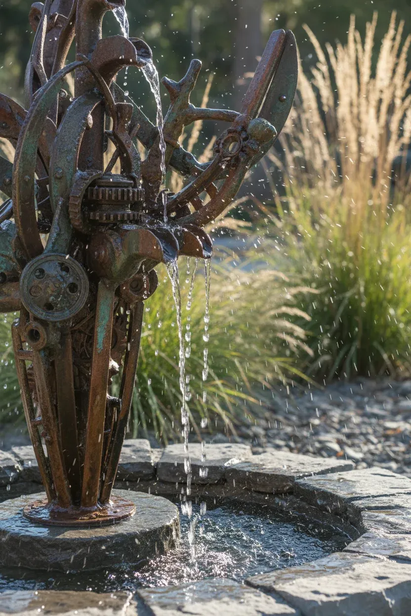 Recycled metal sculpture repurposed as a garden water feature with flowing water.