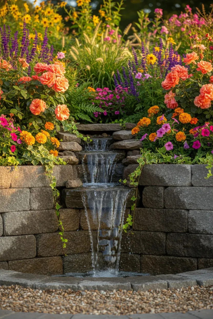Mini waterfall integrated into a raised flower bed with colorful blooms.