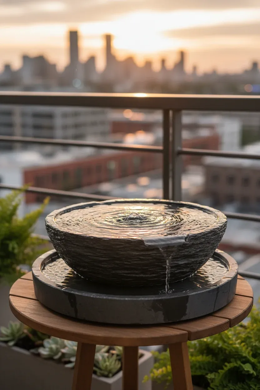 Slate bowl with gently bubbling water on a small urban balcony garden.