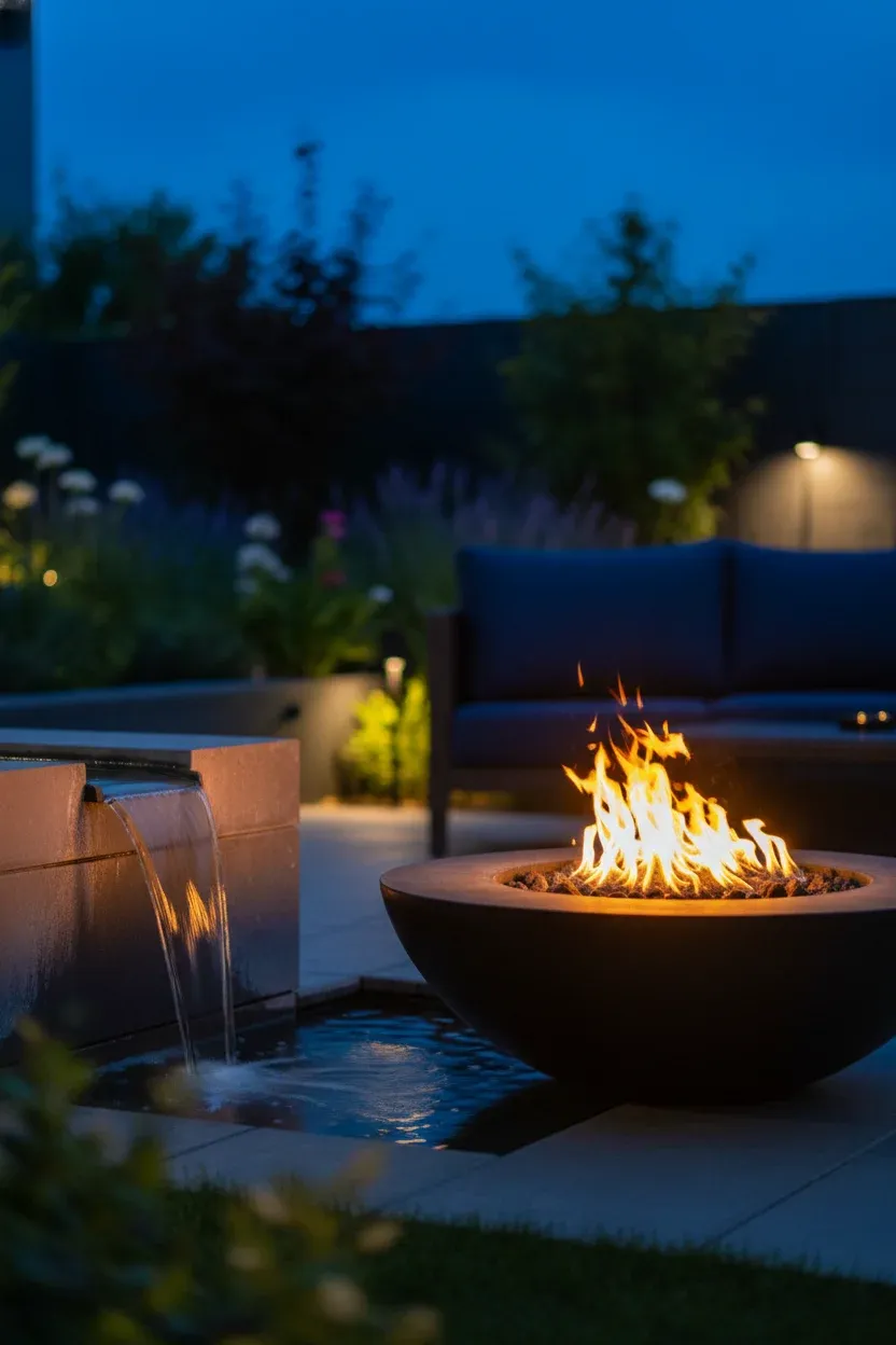 Evening garden scene with a small waterfall and nearby fire bowl reflecting light on water.