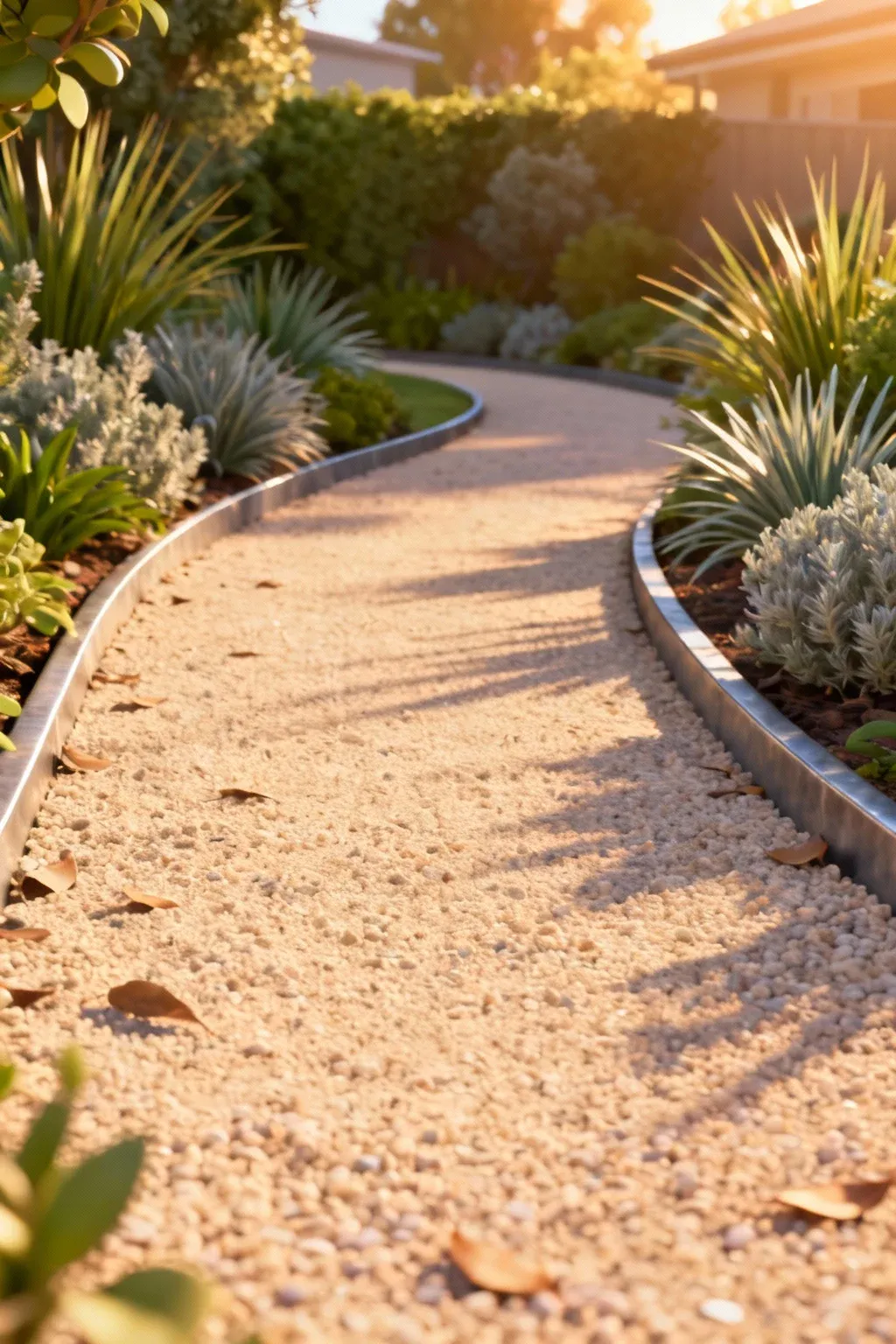 A clean gravel garden path bordered by hardy native plants under warm sunlight.
