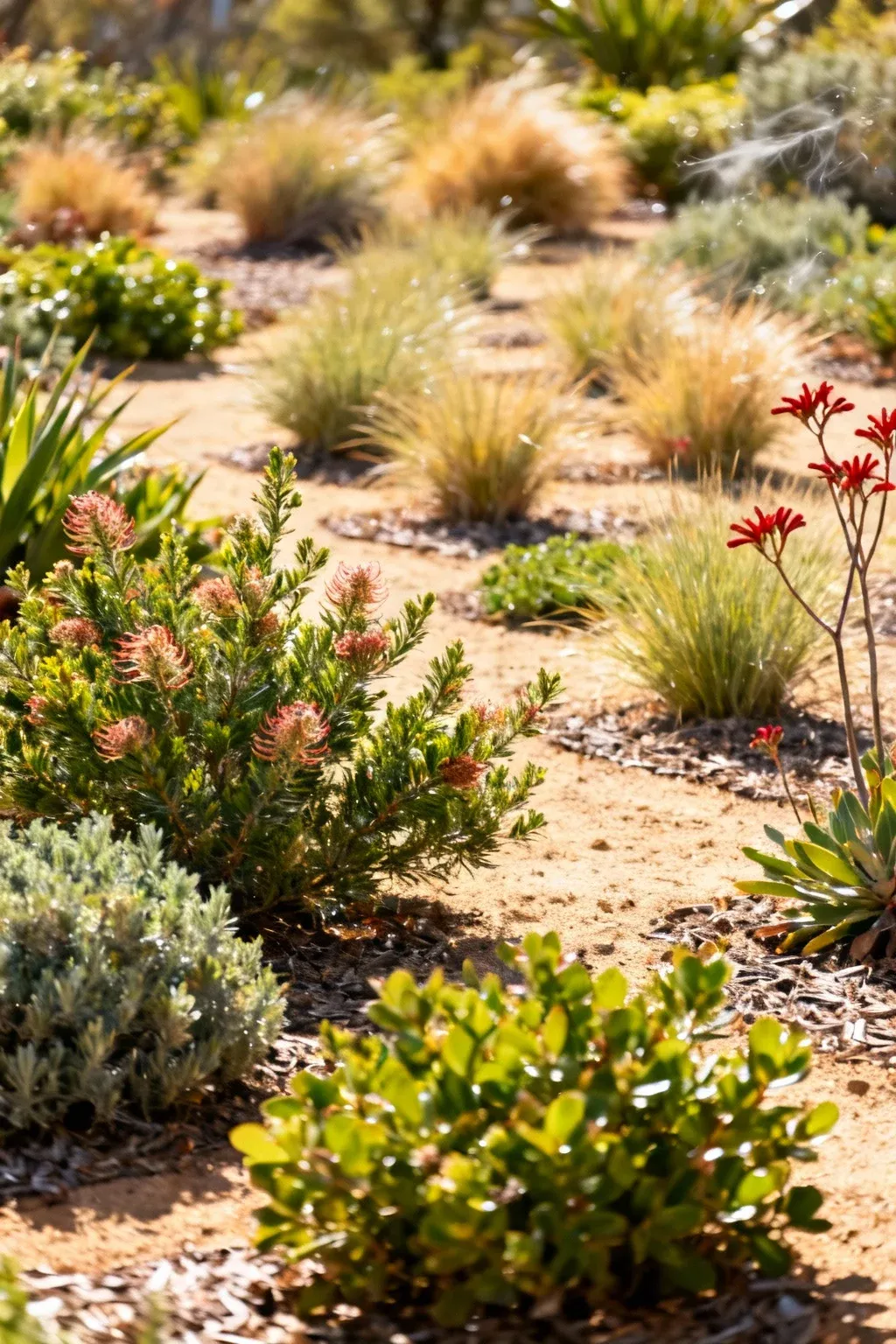 Drought-tolerant native plants with textured foliage bathed in warm sunlight.