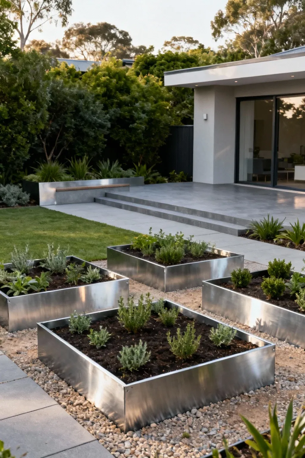 Modern Australian garden with raised steel garden beds and minimalistic layout.