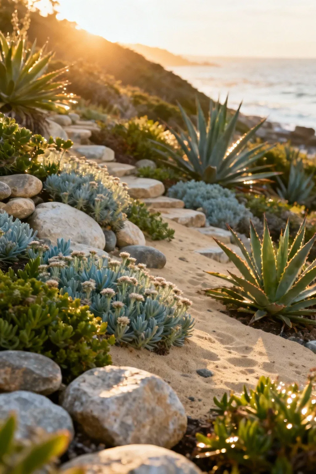 Coastal rock garden with succulents and warm sunlight on smooth sandstone.