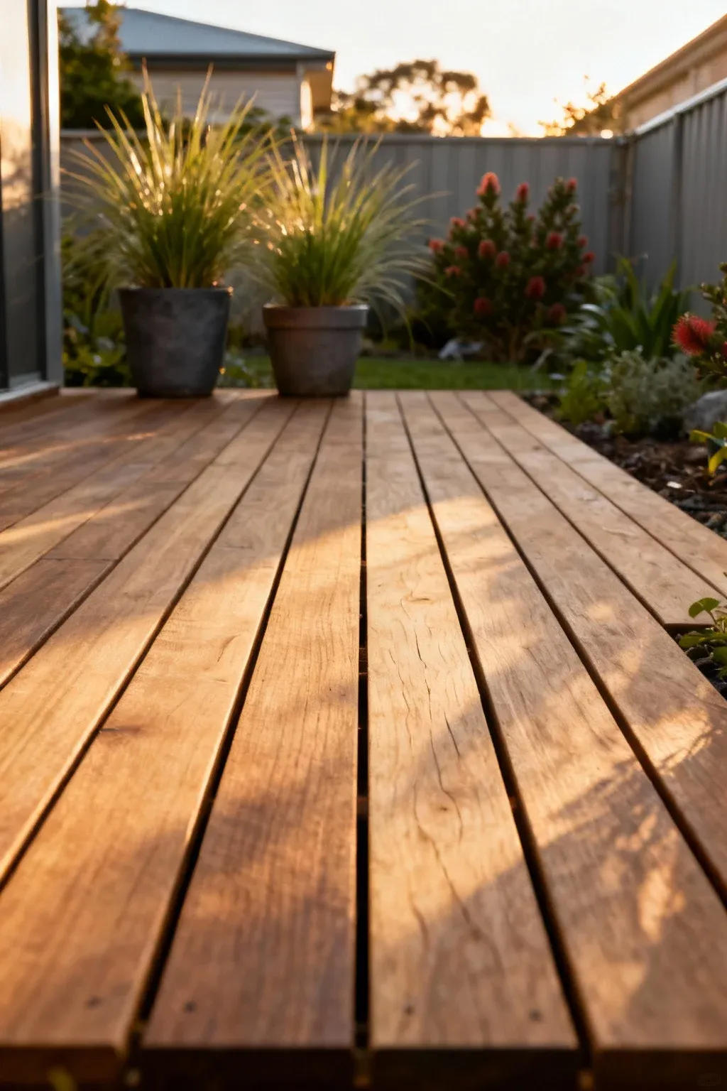 Timber deck with minimalist native planting in pots under soft afternoon light.