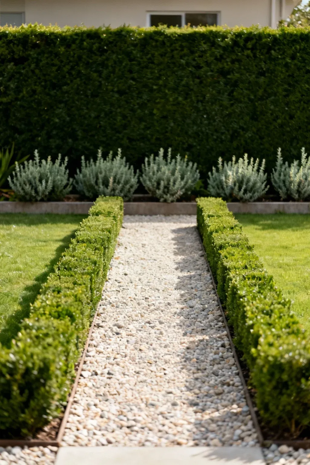 Front yard framed by evergreen hedge with small lawn and neat gravel path.