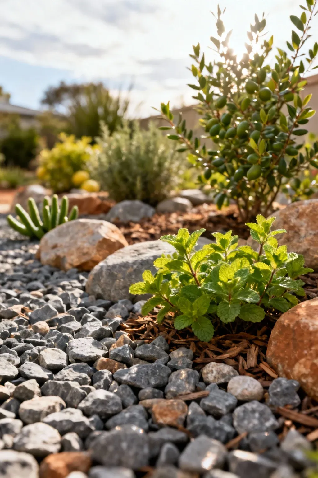 Coarse stone mulch beneath native edible plants like mint and lemon myrtle.