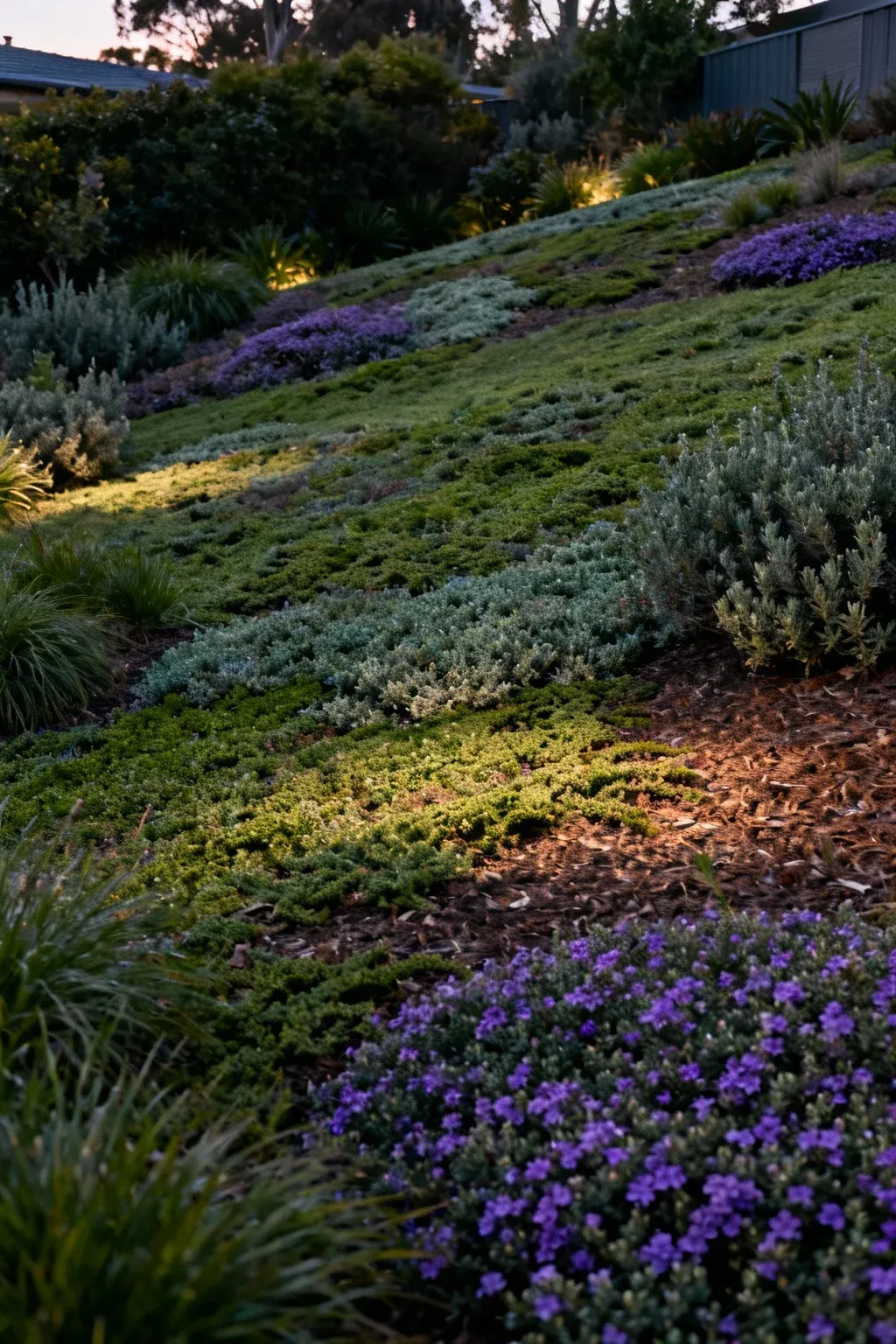 Layered native groundcovers forming textured patterns across a gentle slope.