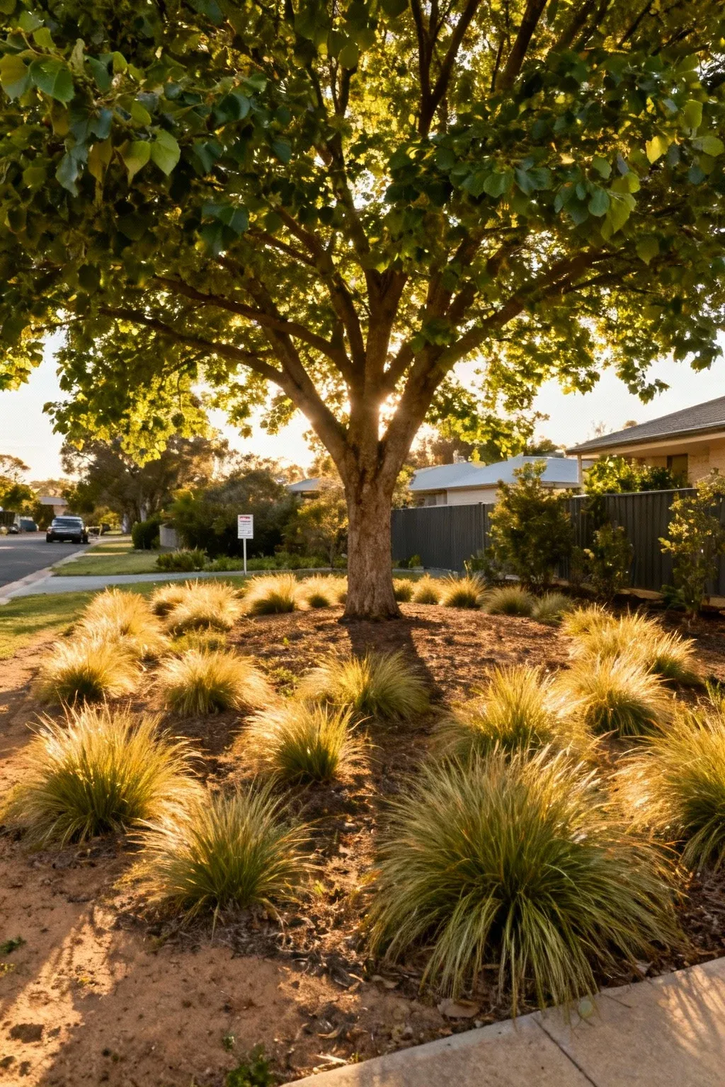 Front yard with tall shade tree and soft native grass underplanting in dappled light.