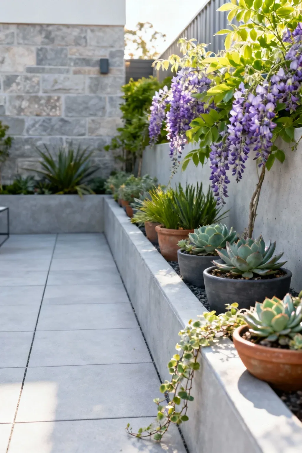 Contemporary patio lined with varied containers of native succulents and herbs.