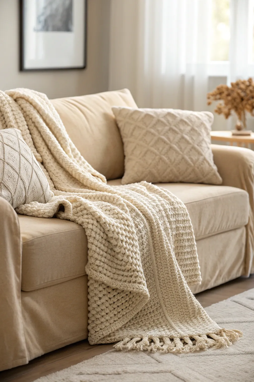 Beige living room with layered knit and cotton throws draped over a neutral sofa in soft natural light.
