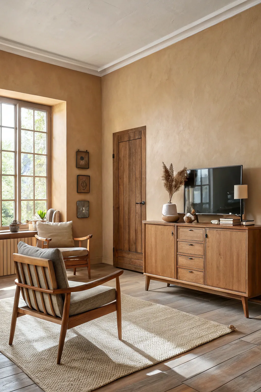 Modern living room with warm beige walls and natural oak furniture softly illuminated by daylight.