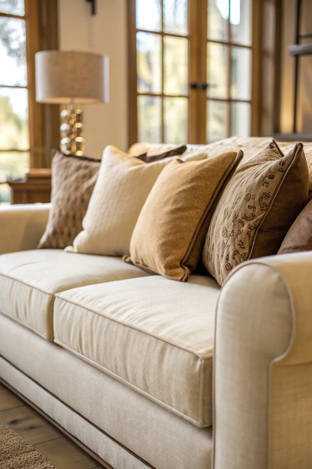 Cream-colored sofa with taupe and tan cushions in a soft beige-toned living room.