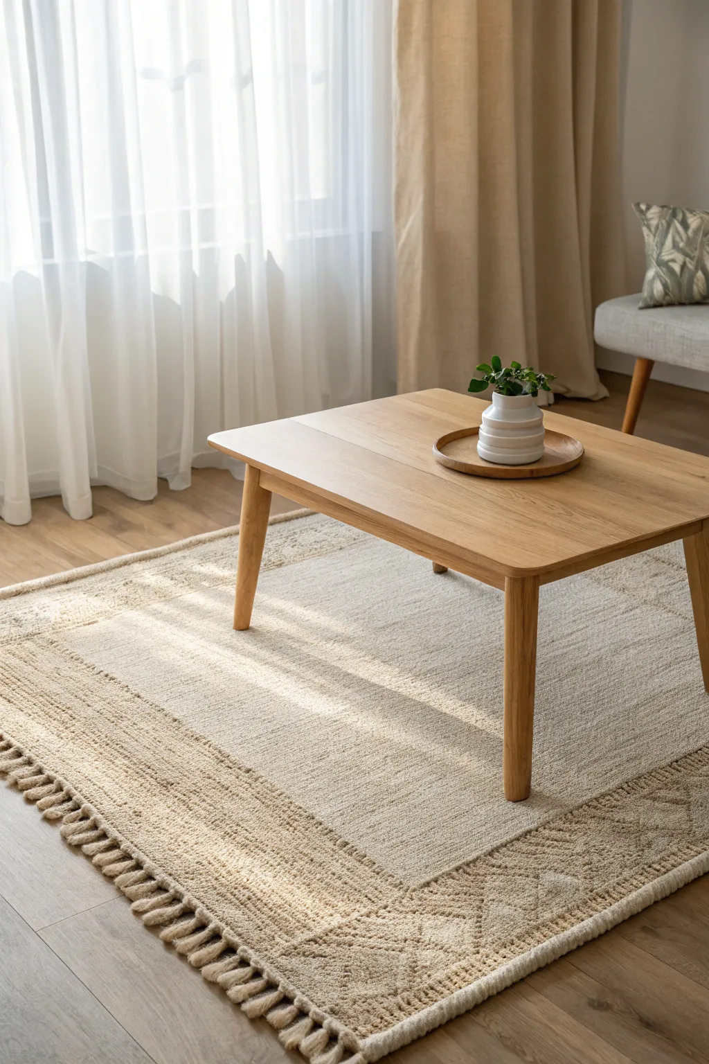 Soft beige rug beneath a minimalist light wood coffee table in a modern living room.