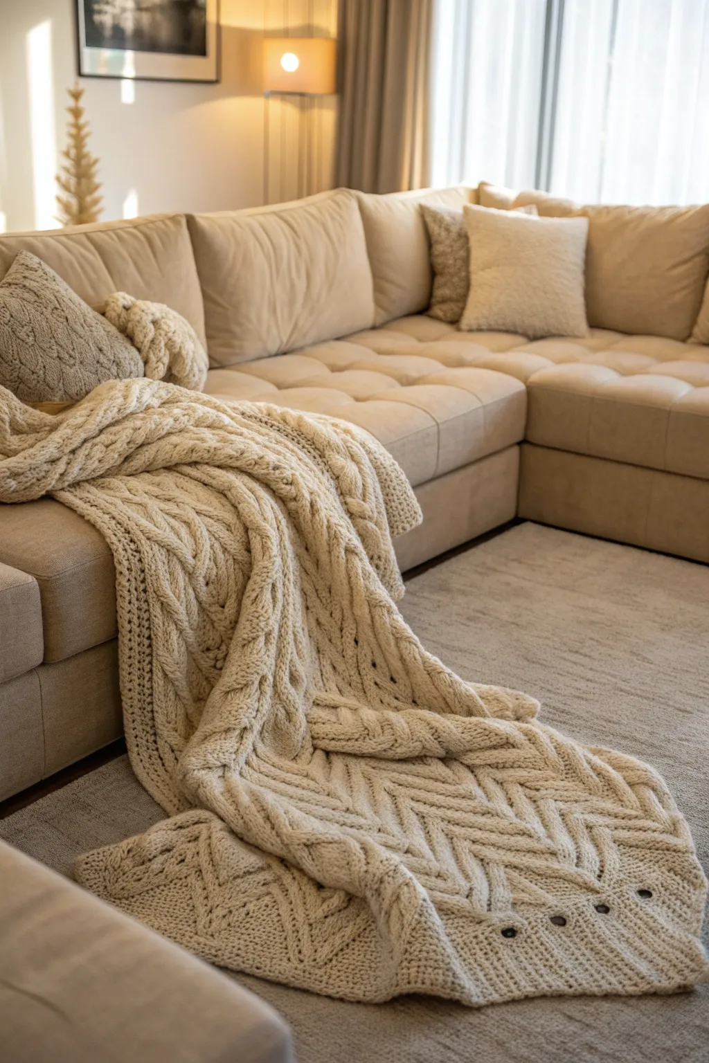 Large beige sectional sofa accented with oversized knit blankets in a warm, cozy living room.