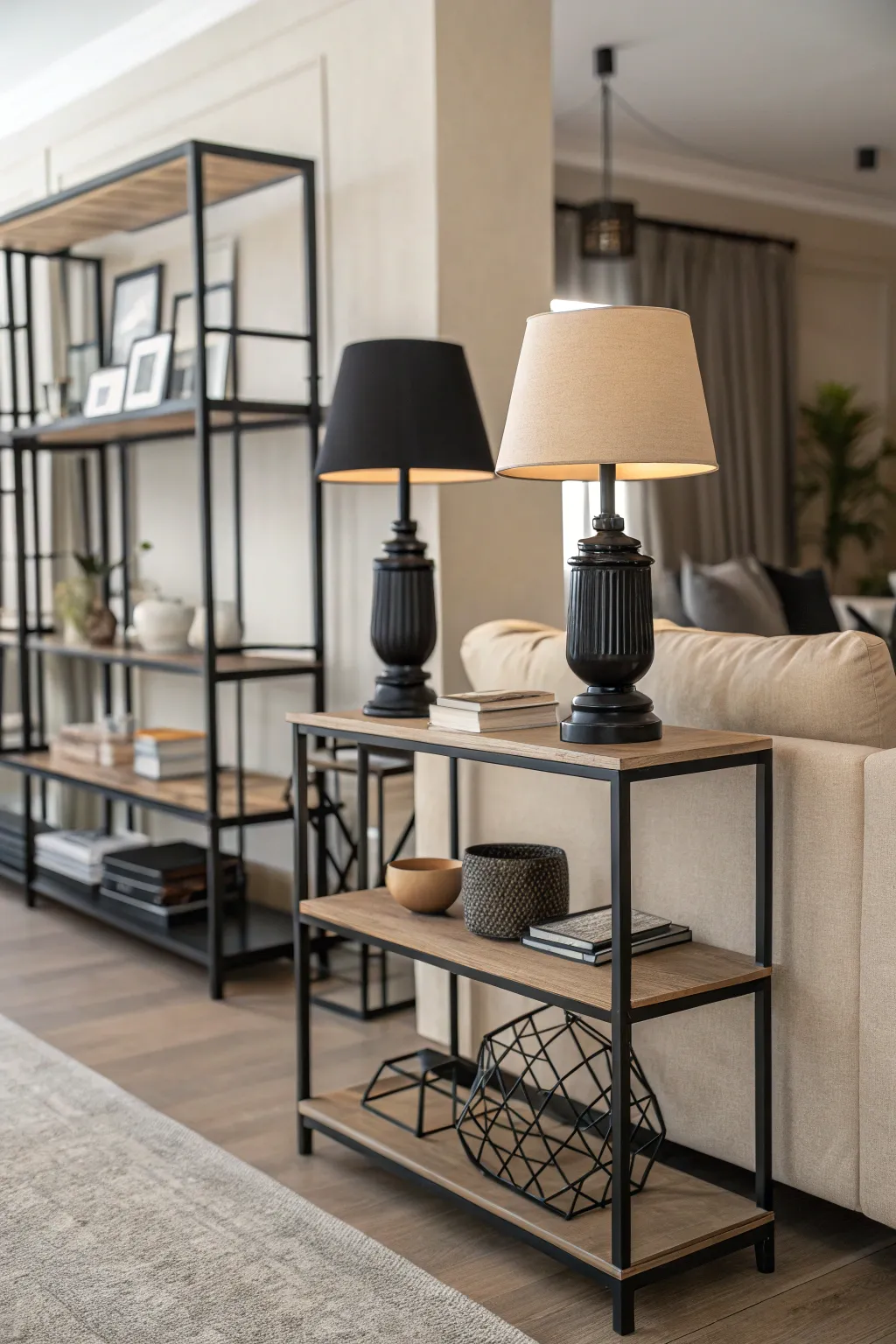 Beige living room featuring matte black metal fixtures adding modern contrast and structure.