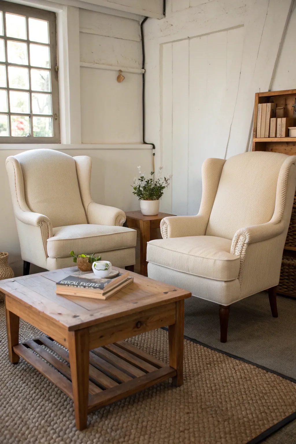 Cream and beige armchairs arranged around a low timber table in a softly lit living room.
