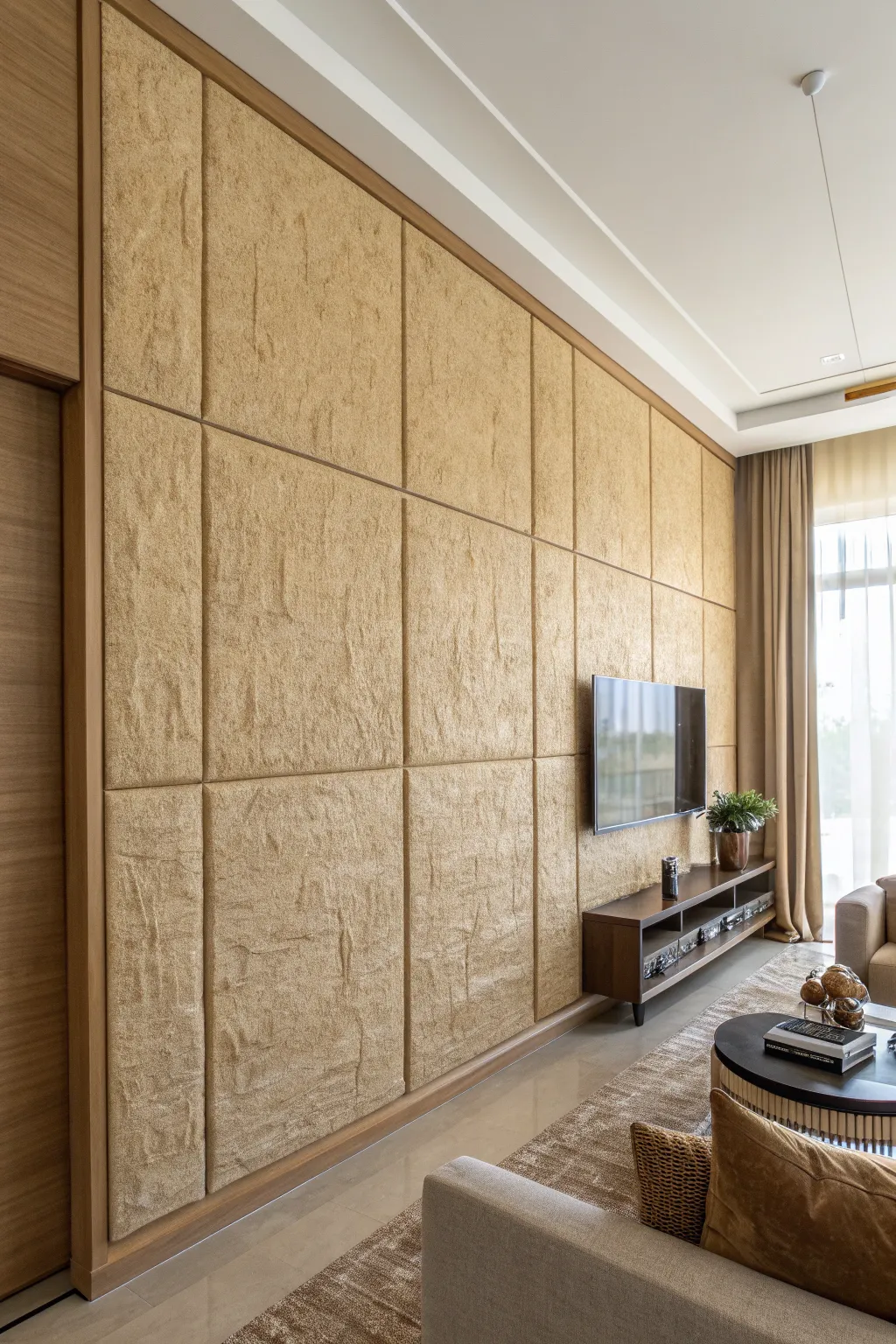 Warm beige textured wall panels adding depth to a modern minimalist living room.