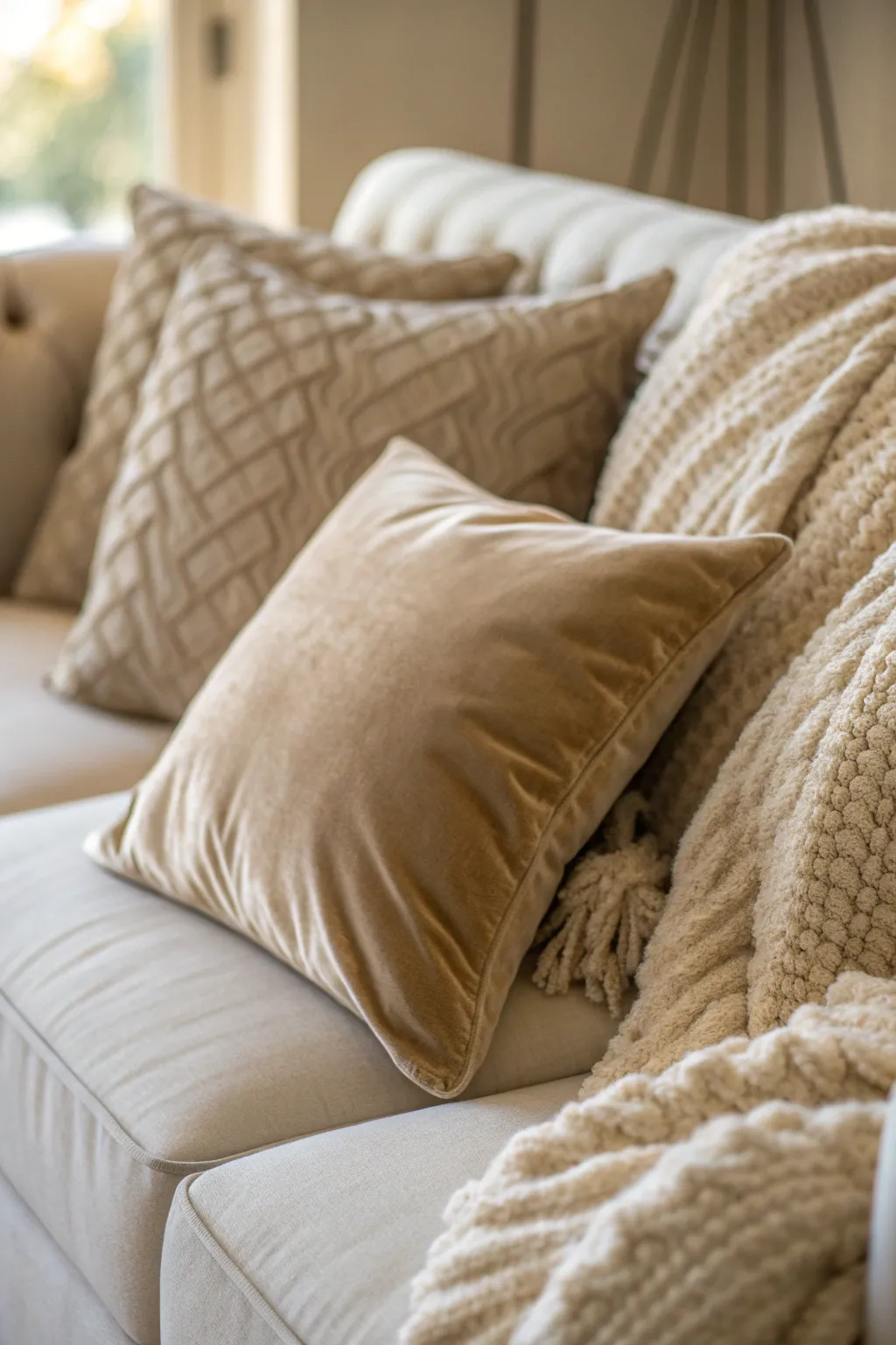 Beige velvet cushions and wool throws layered on a cream sofa, softly lit for warmth.