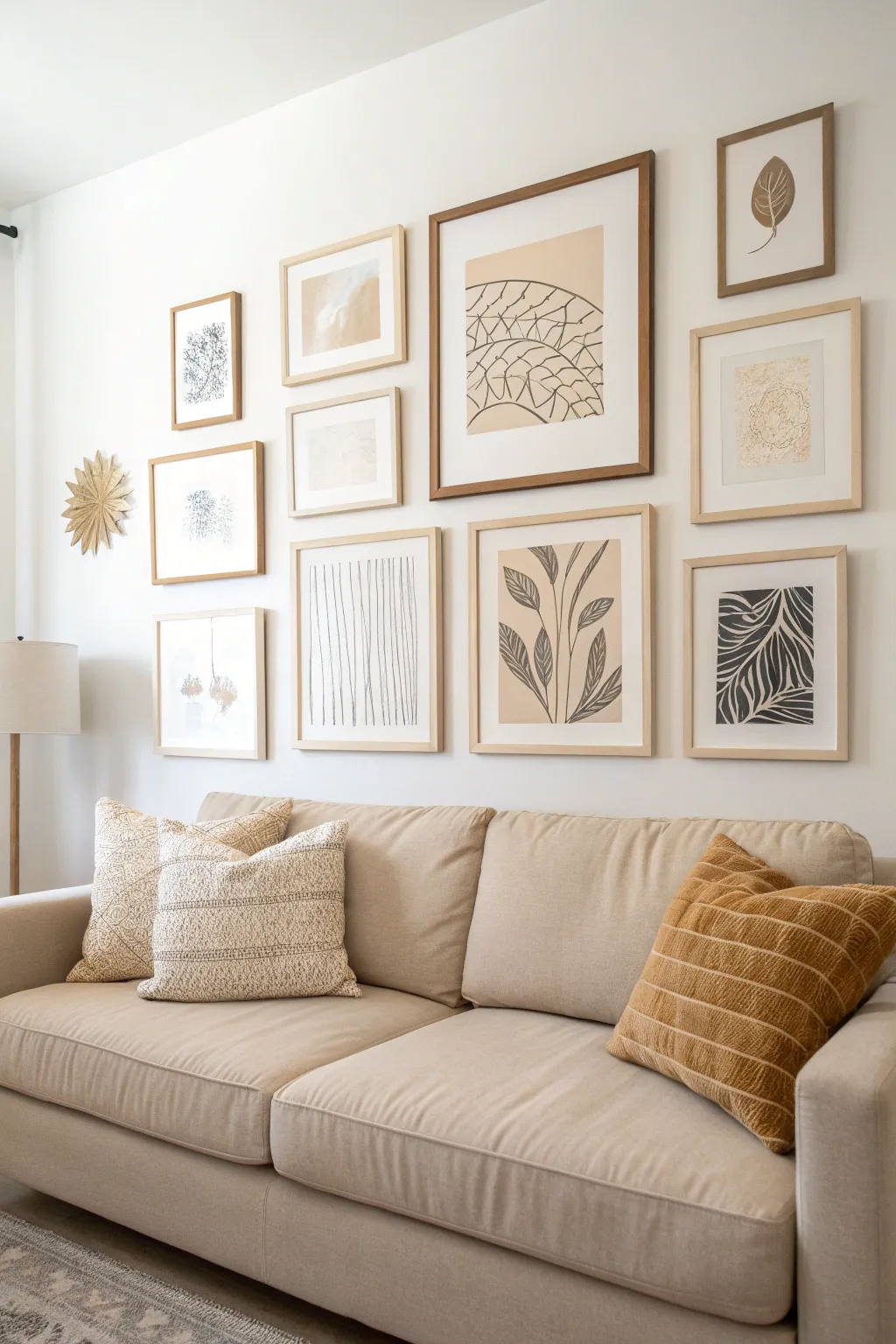 Gallery wall of neutral art prints in cream frames above a beige sofa in soft daylight.