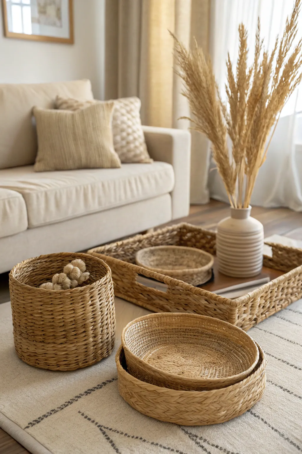 Woven baskets and natural fibers used as decor in a beige and cream living room.