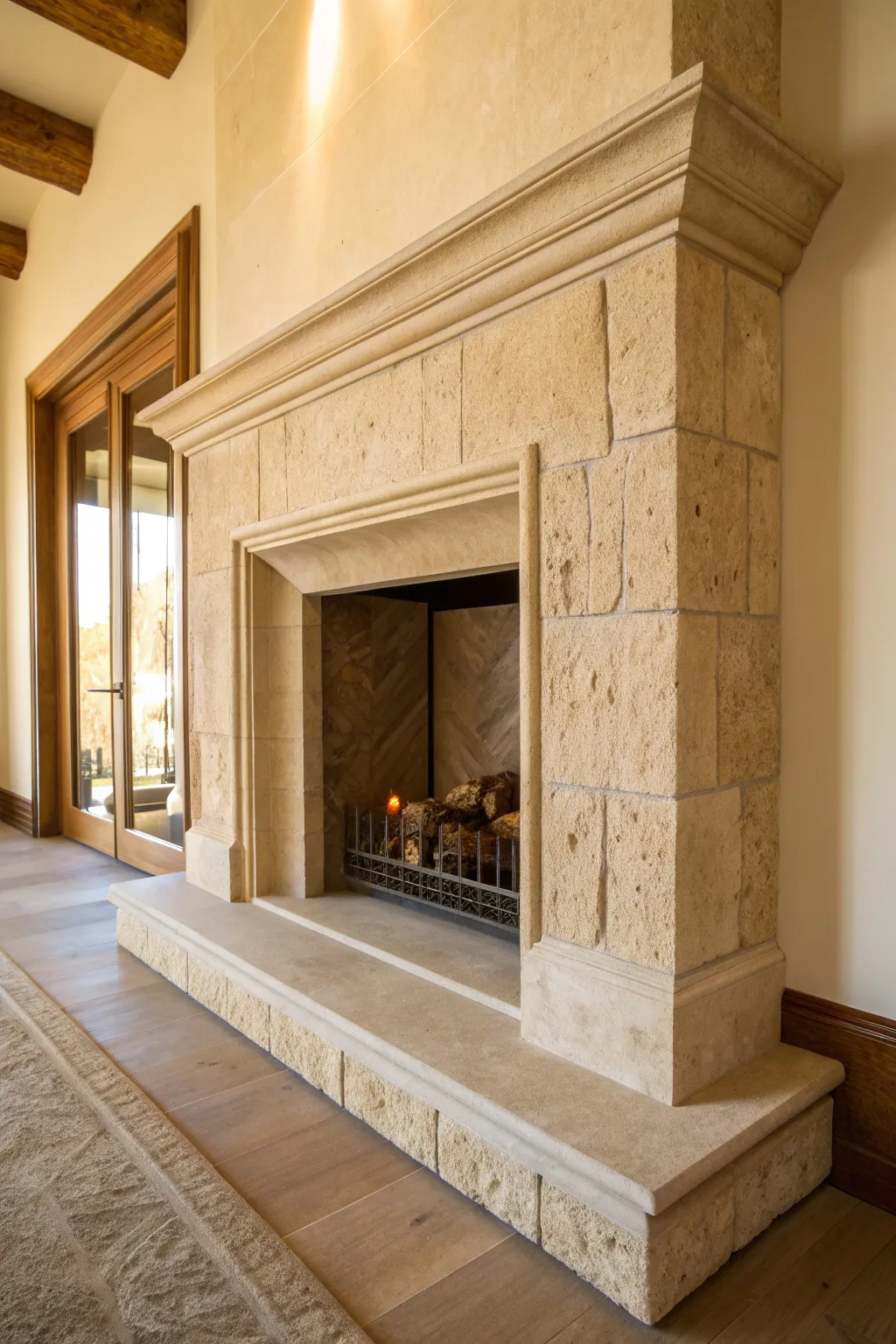 Modern minimalist fireplace surrounded by sandy beige stone in a serene living room.