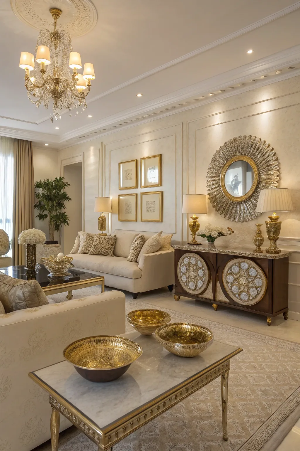 Cream and beige living room with metallic gold accents adding soft reflective warmth.