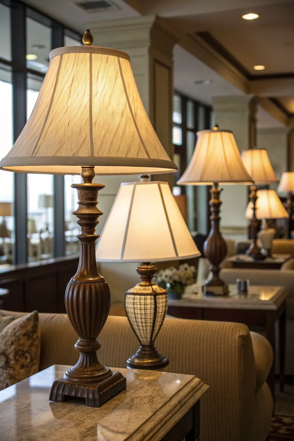 Warm beige living room with layered lighting and soft glowing lampshades enhancing a cozy mood.