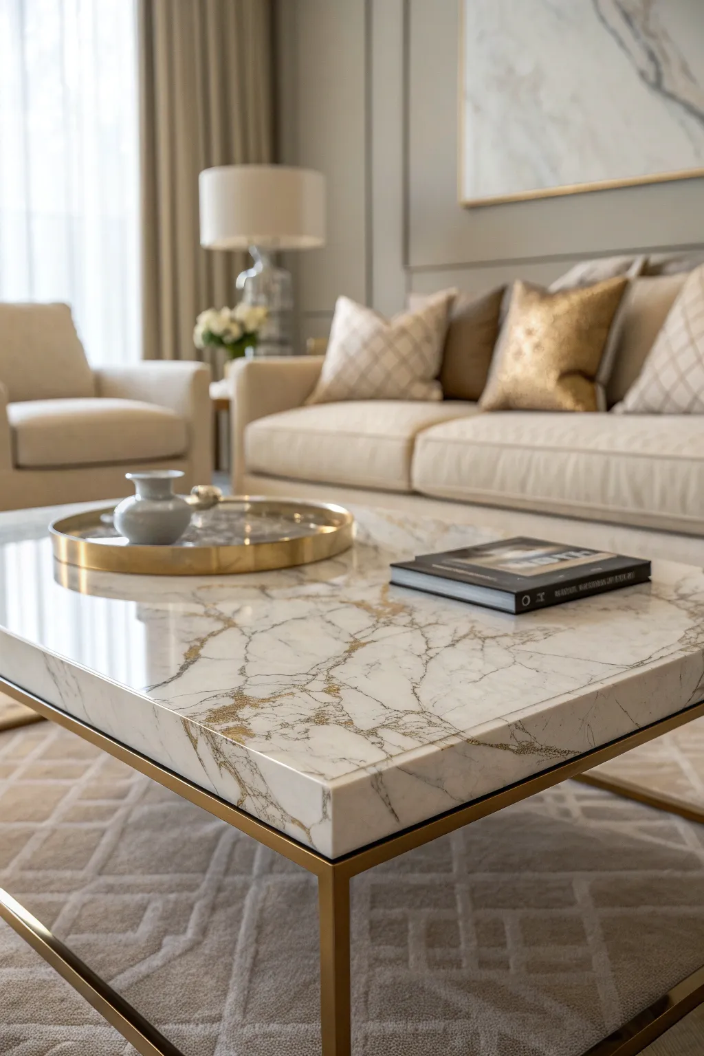 Marble-topped coffee table centered in a modern beige living room with natural side lighting.