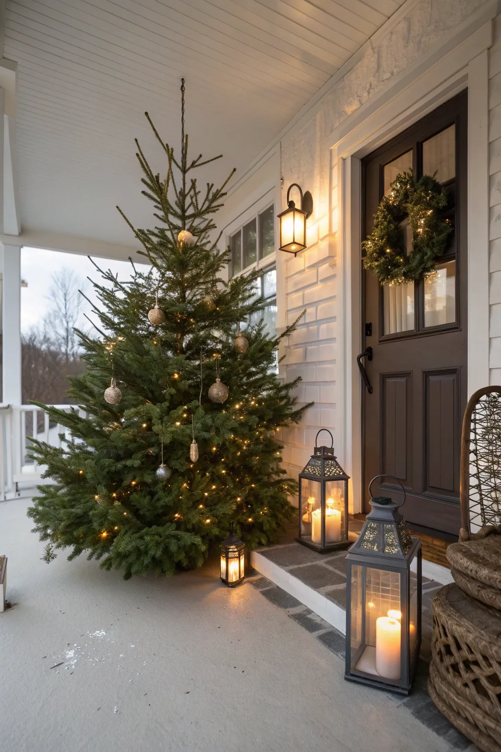 Medium evergreen Christmas tree on a wooden porch surrounded by glowing lanterns and soft evening light.