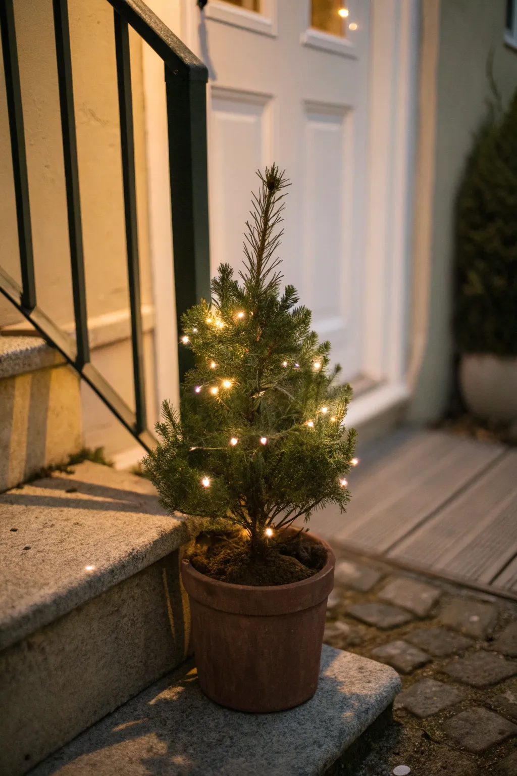 Small potted Christmas tree with fairy lights beside a doorway, softly lit against warm evening stone steps.