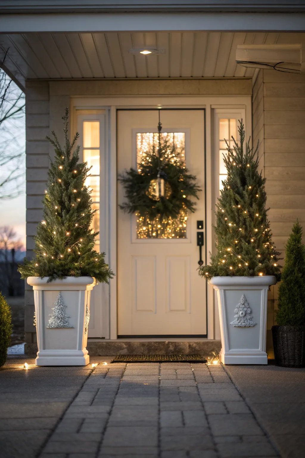 Matching Christmas planters with evergreens and lights symmetrically placed outside a warmly lit front door.