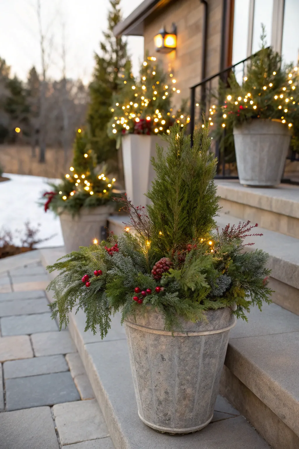 Outdoor holiday planters filled with mixed evergreens, twigs, and lights along a snow-dusted porch.