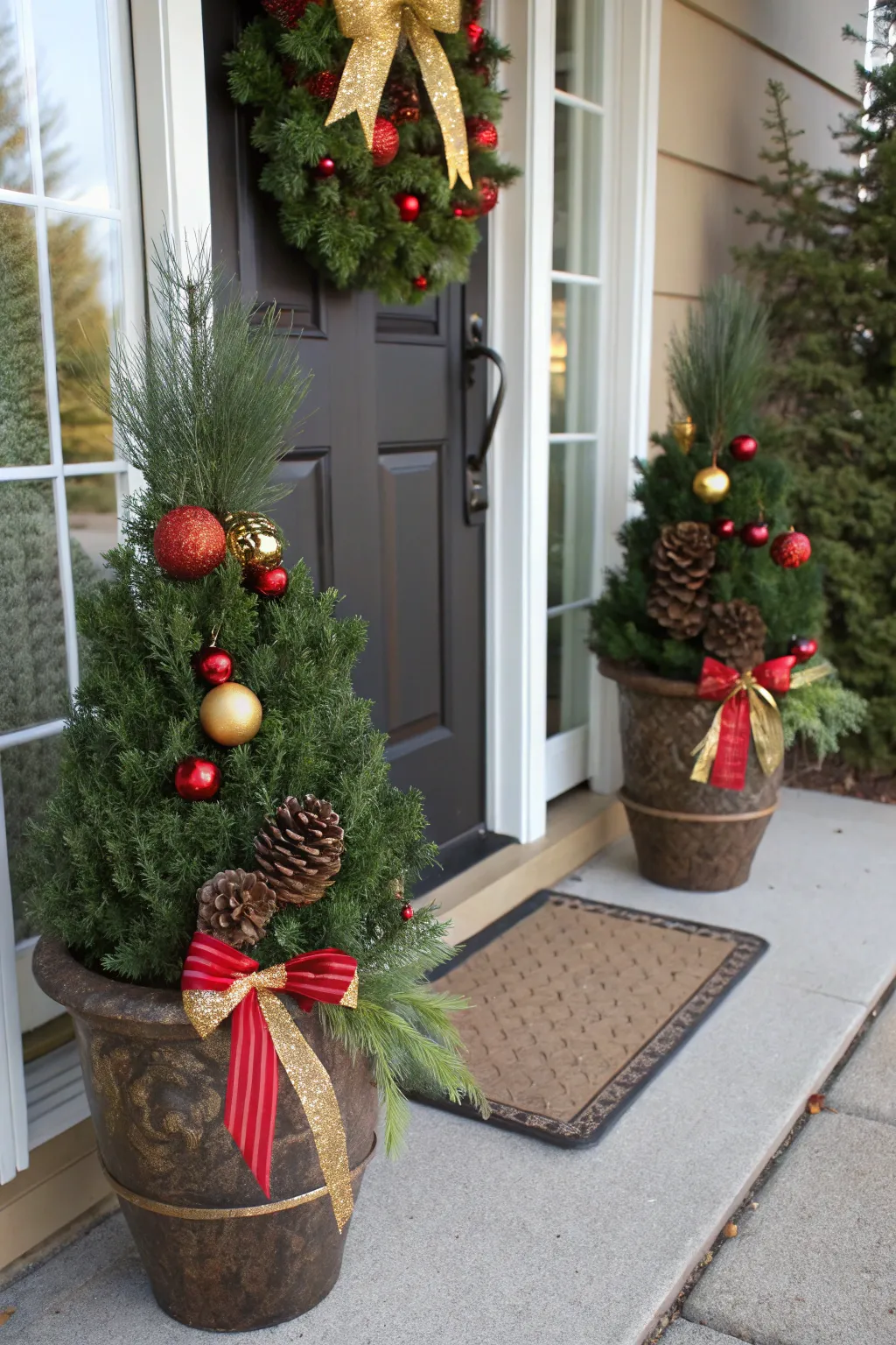 Classic porch planters with small Christmas trees decorated with red and gold ornaments and pinecones.